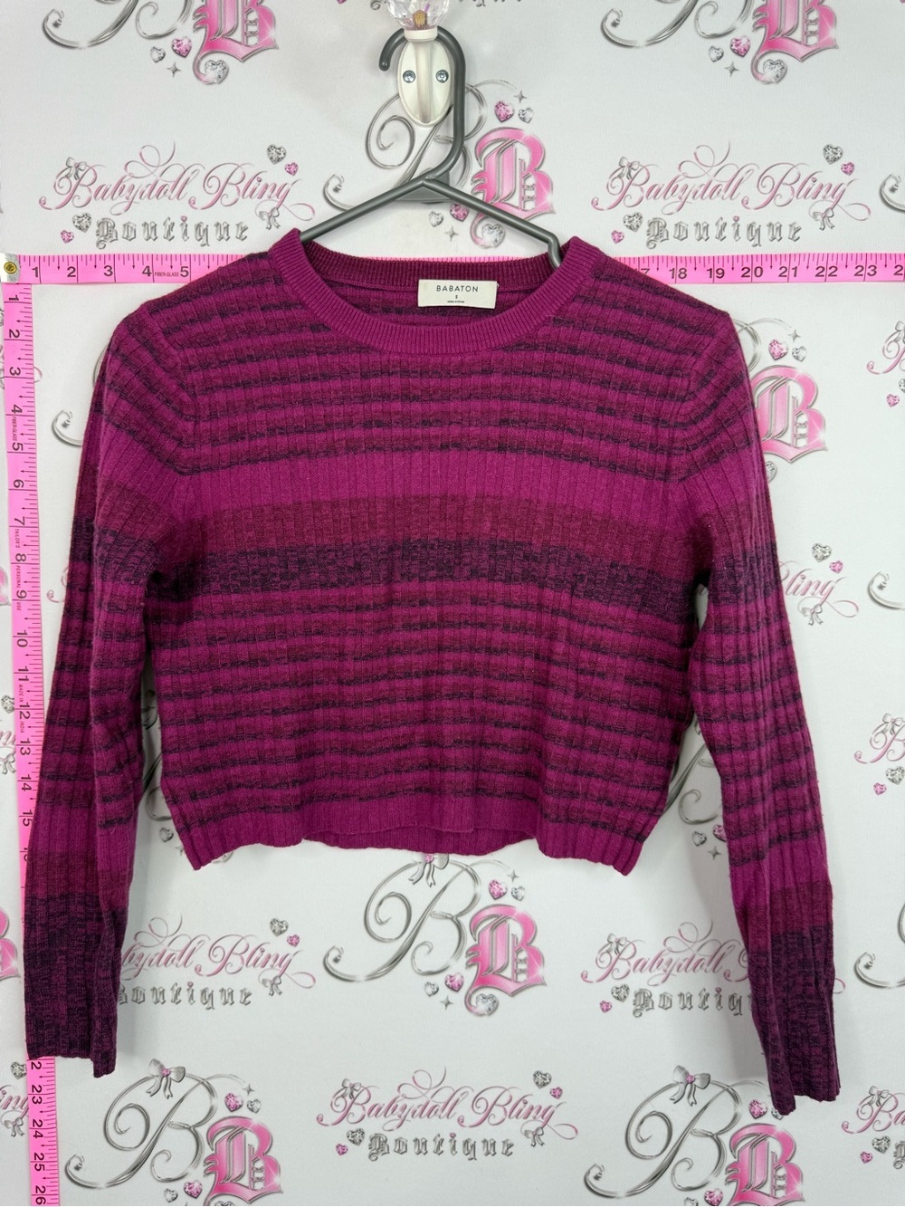 Babaton crop sweater wool Magenta & Dark Berry Striped Crewneck Sweater